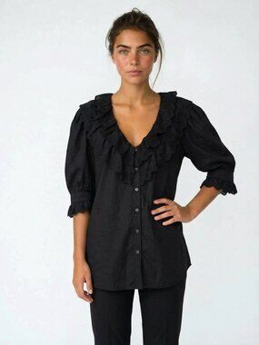 The Kooples Black Eyelet Ruffle Button-Up Blouse